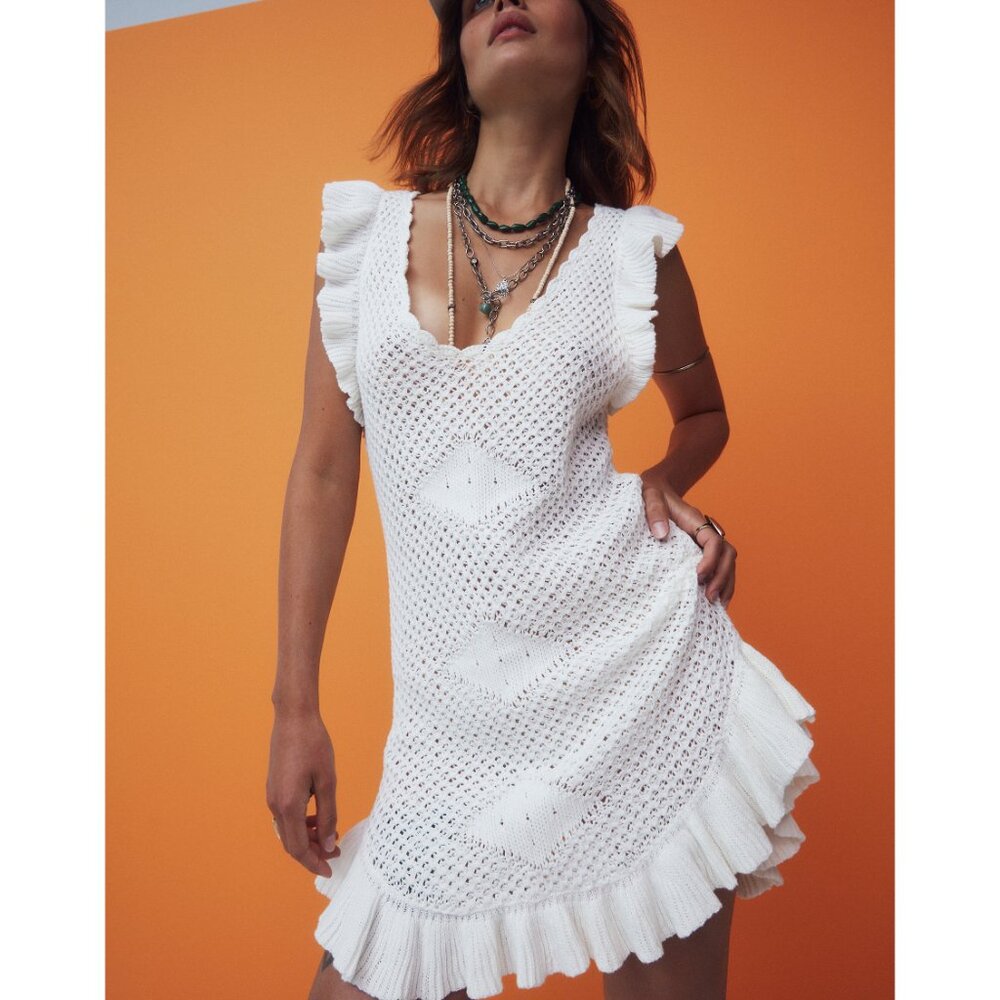 Free People White Crochet Ruffle Mini Dress